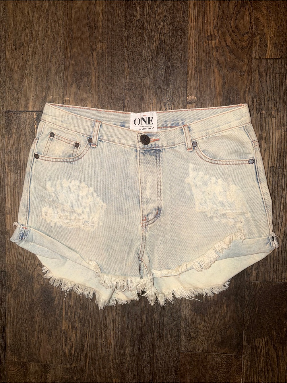 One Teaspoon Light Blue Distressed Hawks Cutoffs